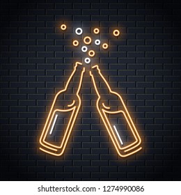 beer bottle neon sign. Beer splash neon design on wall vector background