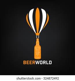 Beer bottle on an air balloon vector for pub and party over black background.