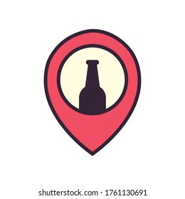 Beer bottle on gps mark line and fill style icon design, Pub alcohol bar brewery drink ale and lager theme Vector illustration