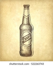 Beer bottle on old paper background. Hand drawn vector illustration. Retro style.