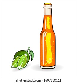 Beer Bottle On White Background Isolated Vector Colored Illustration of Fresh Cold Summer Beer, With lime