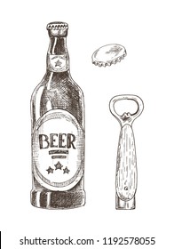 Beer and bottle opener with cap isolated on white vector illustration, graphic image made by pencil, concept of glassy flask for alcohol drink storage