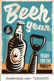 Beer bottle and beer opener retro poster design template. Vintage illustration for alcoholic drinks on blue background.