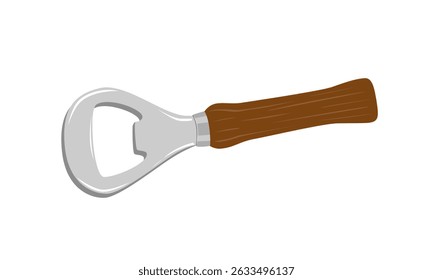 Vetor Abridor de Garrafa de Cerveja - Ferramenta para abrir garrafas de cerveja com alça de madeira. Vetor plano em estilo cartoon. Clipart de utensílios.
