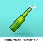 Beer bottle opening cold blank mockup 3d vector, lemonade fizzy foam soda, poster wet larger ale, bubbles, steam smoke, mineral water effect drops, fresh realistic vector illustration design isolated
