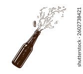 Beer bottle opening with exploding and foam splashes. Hand drawn vector illustration isolated on white background.