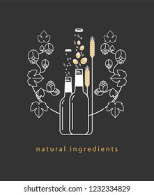 Beer bottle, ornamental hop branch and wheat ears. Vector icon. Craft beer with brewing ingredients. Illustration for brewery, pub, bar, restaurant. Modern line style.