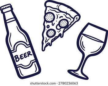 Beer bottle pizza slice and fast food hand drawn outline illustration for bar menu design