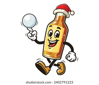 Beer Bottle playing snowball and wearing a Christmas hat cartoon mascot illustration character vector clip art