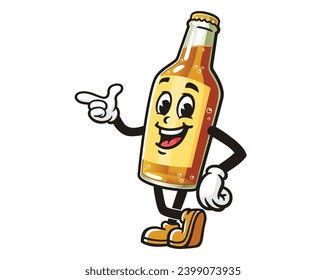 Beer Bottle with pointing hand cartoon mascot illustration character vector clip art