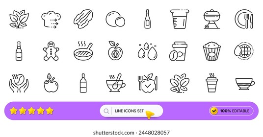 Beer bottle, Popcorn and Peas line icons for web app. Pack of Cooking beaker, Takeaway, Food delivery pictogram icons. Spinach, World water, Water drop signs. Vegetarian food, Champagne. Vector