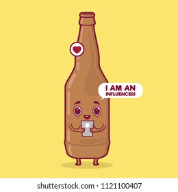 Beer bottle posting on social media vector illustration. Influencer, Social media, addiction, posting, sharing design concept