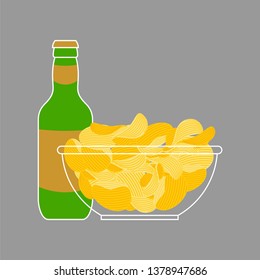Beer bottle and Potato chips in bowl isolated. Snack food fried vector