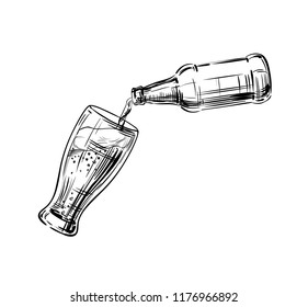 Beer from the bottle is poured into a glass, a mug. Kraft drink with frothy head for a convivial or celebratory toast. Hand drawing sketch for a menu of breweries, pubs and restaurants. Vector
