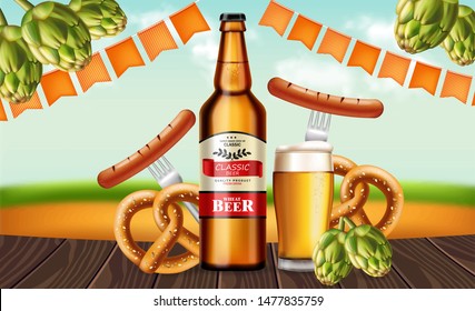 Beer bottle and pretzel Vector realistic. Fresh drink product placement. Label design. 3d illustration