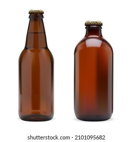 Beer bottle, realistic brown glass botle template illustration isolated in white background. Alcohol brand dark bottlesfor soda, cola, cider. Realistic abber container with neck and cap