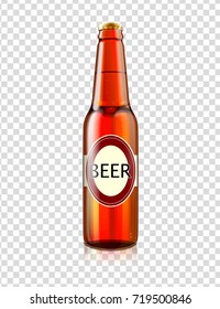 Beer bottle realistic vector illustration isolated on transparent background. Closed alcohol beverage in dark glass with label