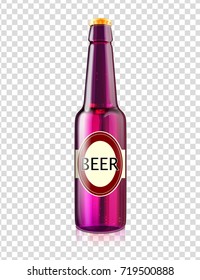 Beer bottle realistic vector illustration isolated on transparent background. Closed alcohol beverage in dark glass with label