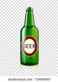 Beer bottle realistic vector illustration isolated on transparent background. Closed alcohol beverage in dark glass with label