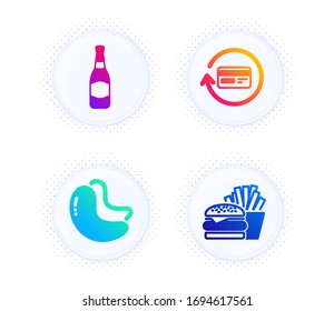 Beer bottle, Refund commission and Cashew nut icons simple set. Button with halftone dots. Burger sign. Brewery, Cashback card, Vegetarian food. Cheeseburger. Business set. Vector