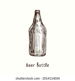 Beer bottle retro vintage style. Ink black and white doodle drawing in woodcut style.