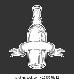 Beer bottle with ribbon, engraving image, ink hand drawn style, isolated on dark background. Sketch and doodle vector. Craft beverage design.