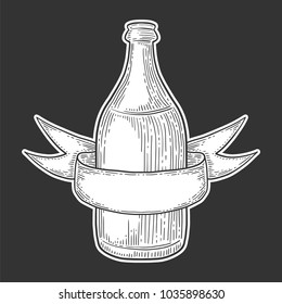 Beer bottle with ribbon, engraving image, ink hand drawn style, isolated on dark background. Sketch and doodle vector. Craft beverage design.