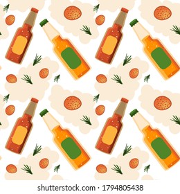 Beer bottle and sausage piece on white backdrop. Picnic seamless pattern for wallpaper, wrap paper, sleeper, bath tile, apparel or bed linen. Bag or hoody print. Flat style stock vector illustration