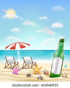 beer bottle and sea shell starfish on a sea sand beach