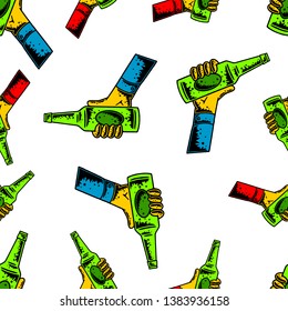 Beer Bottle. Beer Bottle Seamless Pattern. Clink Seamless Pattern. Hand-drawn Beer Bttle. Bottle of Beer in Hand Seamless Pattern on white background isolated. Stock Vector Illustration. Cartoon style