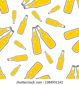 Beer Bottle. Beer Bottle Seamless Pattern. Clink Seamless Pattern. Hand-drawn Beer Bttle. Bottle of Beer Seamless Pattern on white background isolated. Stock Vector Illustration. Cartoon style
