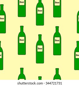 Beer bottle seamless pattern on yellow. Vector illustration.