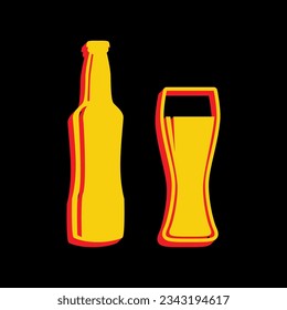 Beer bottle sign. 3D Extruded Yellow Icon with Red Sides a Black background. Illustration.