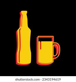 Beer bottle sign. 3D Extruded Yellow Icon with Red Sides a Black background. Illustration.