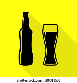 Beer bottle sign. Black icon with flat style shadow path on yellow background.