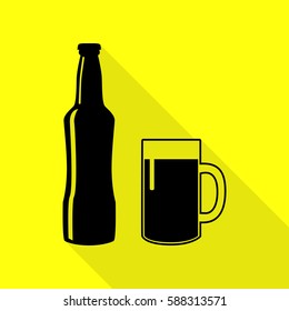 Beer bottle sign. Black icon with flat style shadow path on yellow background.