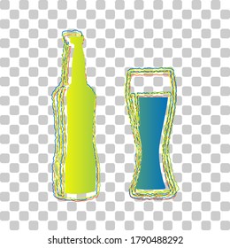 Señal de botella de cerveza. Icono de degradado de azul a verde con cuatro contornos de ancho sobre fondo transparente elegante. Ilustración.