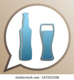 Beer bottle sign. Bright cerulean icon in white speech balloon at pale taupe background. Illustration.