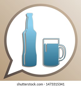 Beer bottle sign. Bright cerulean icon in white speech balloon at pale taupe background. Illustration.