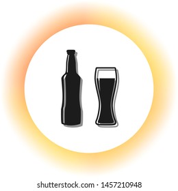 Beer bottle sign. Dark icon with shadow on the glowing circle button. Illustration.