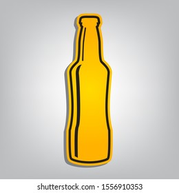 Beer bottle sign. Flat orange icon with overlapping linear black icon with gray shadow at whitish background. Illustration.