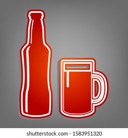 Beer bottle sign. Flat red icon with linear white icon with gray shadow at grayish background. Illustration.