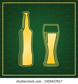 Beer bottle sign. Golden icon with gold contour at dark green gridded background. Illustration.