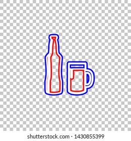Beer bottle sign. Red, white and contour icon at transparent background. Illustration.
