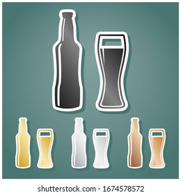 Beer bottle sign. Set of metallic Icons with gray, gold, silver and bronze gradient with white contour and shadow at viridan background. Illustration.