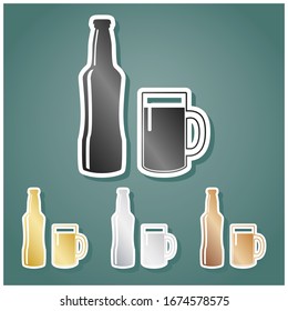 Beer bottle sign. Set of metallic Icons with gray, gold, silver and bronze gradient with white contour and shadow at viridan background. Illustration.
