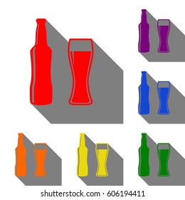Beer bottle sign. Set of red, orange, yellow, green, blue and violet icons at white background with flat shadow.