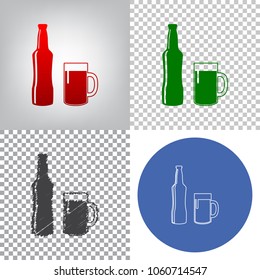 Beer bottle sign. Vector. 4 styles. Red gradient in radial lighted background, green flat and gray scribble icons on transparent and linear one in blue circle.