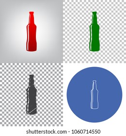 Beer bottle sign. Vector. 4 styles. Red gradient in radial lighted background, green flat and gray scribble icons on transparent and linear one in blue circle.