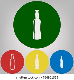 Beer bottle sign. Vector. 4 white styles of icon at 4 colored circles on light gray background.